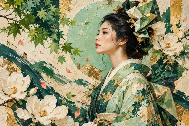 จิตรกรรมหญิงญี่ปุ่นในกิโมโนหยก ท่ามกลางใบเมเปิลเขียวและดอกไม้สีครีม