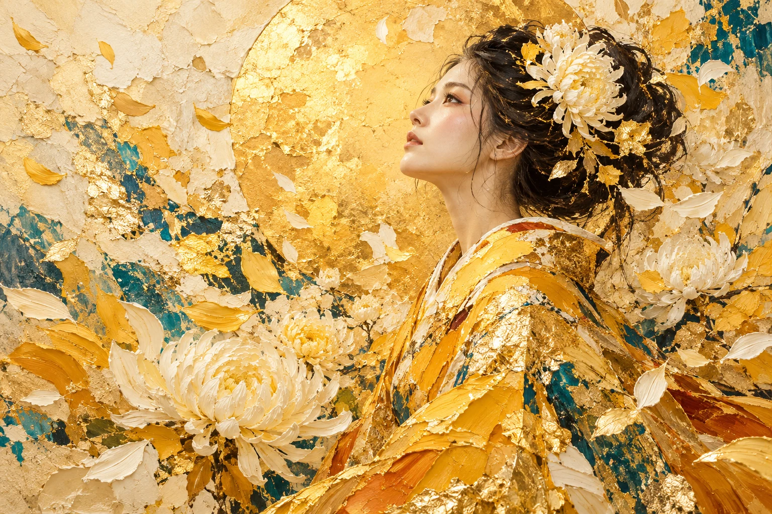 จิตรกรรมหญิงญี่ปุ่นกับดอกเบญจมาศสีงาช้างและฝีแปรงสีทองอุ่น