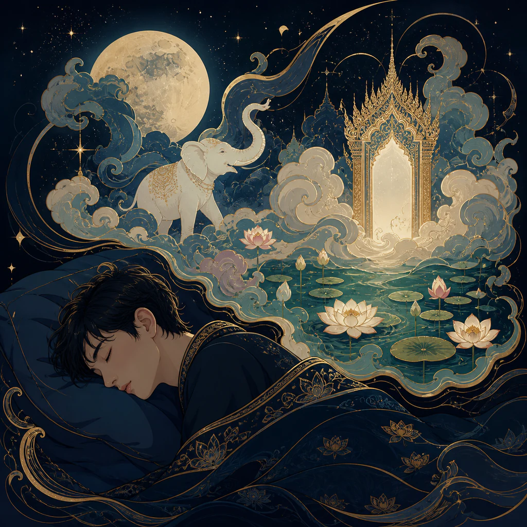 ภาพวาดคนกำลังนอนหลับ มีภาพความฝันลอยออกมาเป็นช้างเผือก สระบัว และปราสาทไทยใต้แสงจันทร์