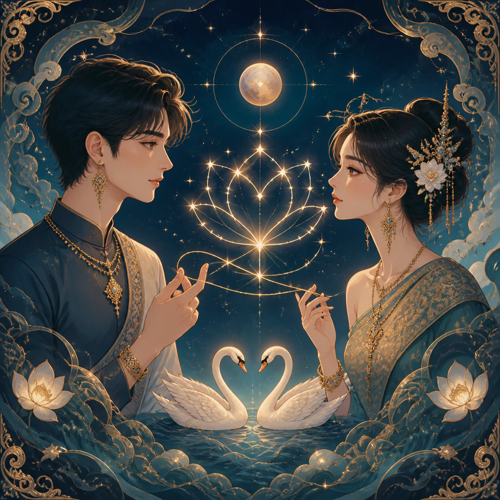 ภาพวาดคนสองคนหันหน้าเข้าหากัน มีเส้นสายใยสีทองเชื่อมถึงกัน ประกอบด้วยหงส์คู่และดอกบัว