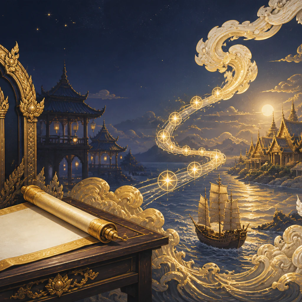 ภาพวาดคัมภีร์ม้วนวางบนโต๊ะไม้ มีเรือสำเภาแล่นออกทะเลและแถบดวงดาวทอดนำทางไปยังหมู่ปราสาทไทยริมฝั่ง