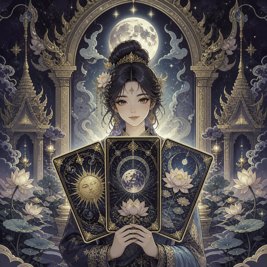 ภาพวาดหญิงสาวถือไพ่ทาโรต์สามใบ ลายดวงอาทิตย์ ดวงจันทร์ และดอกบัว ฉากหลังเป็นสถาปัตยกรรมไทยใต้พระจันทร์เต็มดวง