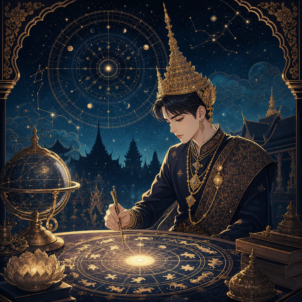 ภาพวาดโหรไทยสวมชฎา กำลังเขียนผังดวงชะตาด้วยพู่กัน มีลูกโลกดาราและเงาปราสาทไทยเป็นฉากหลัง